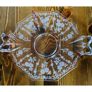 Vintage Octagon Glass Serving Dish Etched Roses Handles Cake Plate